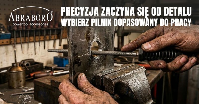 Zdjęcie nagłówkowe artykułu (post image) Abraboro. Ukazuje zbliżenie na dłonie rzemieślnika w profesjonalnym warsztacie, używającego okrągłego pilnika do precyzyjnego wykańczania otworu w metalowym detalu, który jest mocno zaciśnięty w ciężkim imadle wars