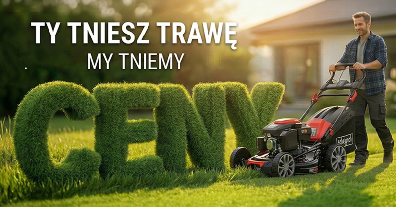 Baner promocyjny Scheppach: mężczyzna kosi trawnik przed domem. Na trawie widnieje duży napis „CENY” uformowany z zieleni oraz hasło „TY TNIESZ TRAWĘ MY TNIEMY”. W rogu widoczne logo Scheppach i przycisk „SPRAWDŹ”.